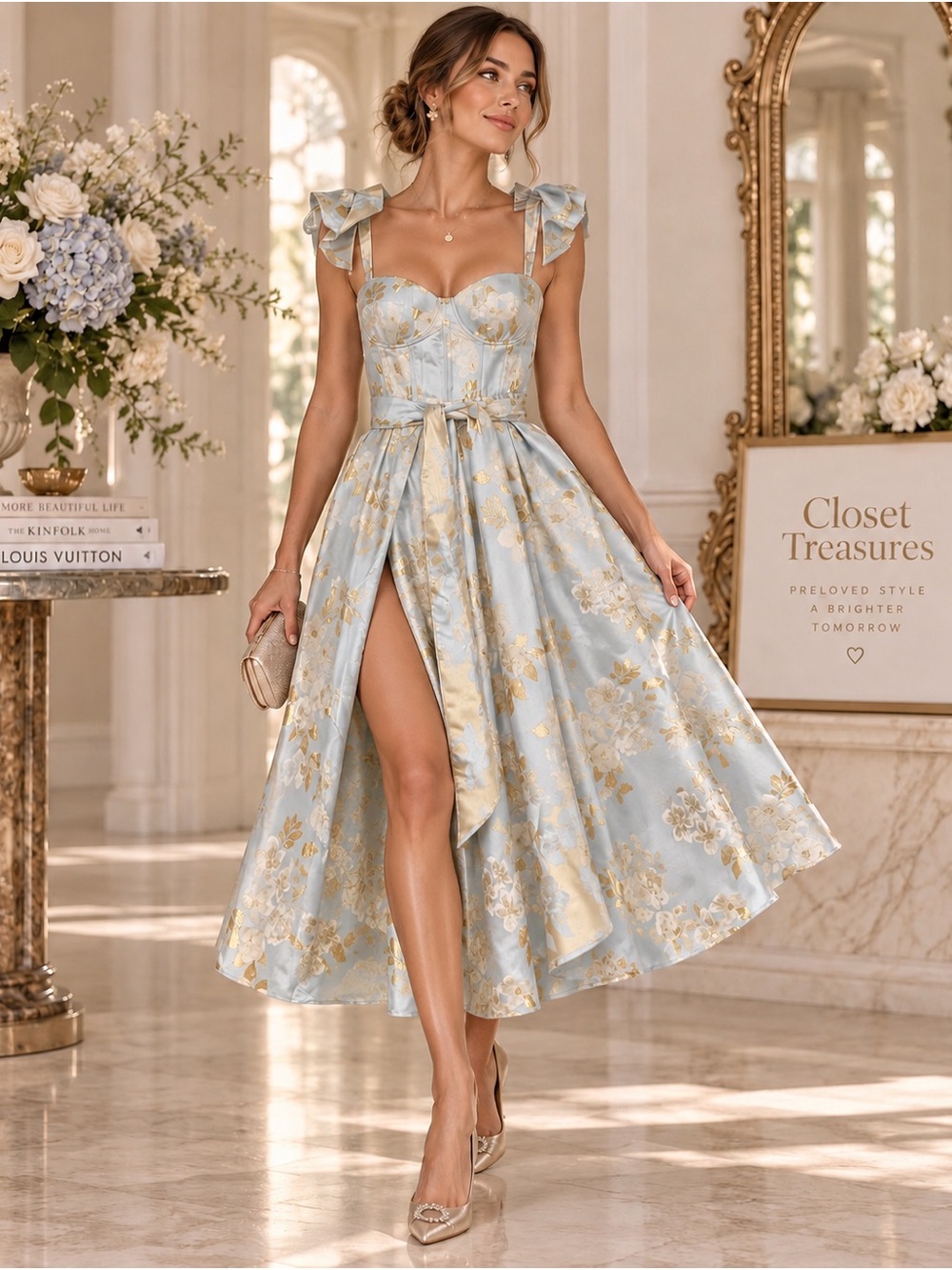 V. Chapman Light Blue and Gold Floral Midi Dress NWT